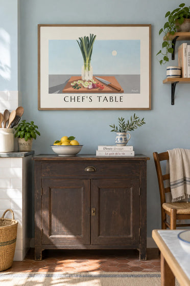 Affiche planche à découper, couteau de chef et légumes frais : encadrée au mur