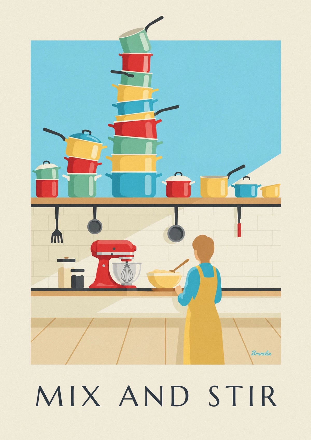 Affiche casseroles colorées et robot de cuisine