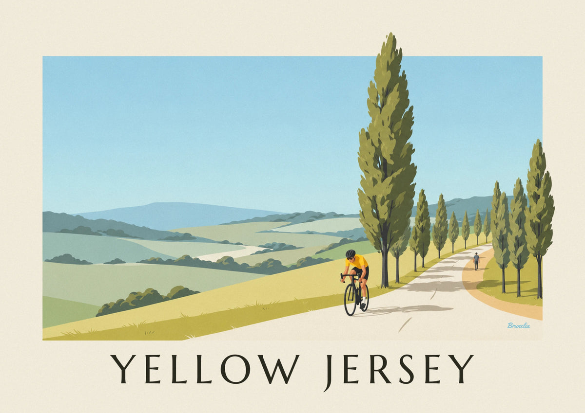 Affiche cycliste en maillot jaune sur une route de campagne