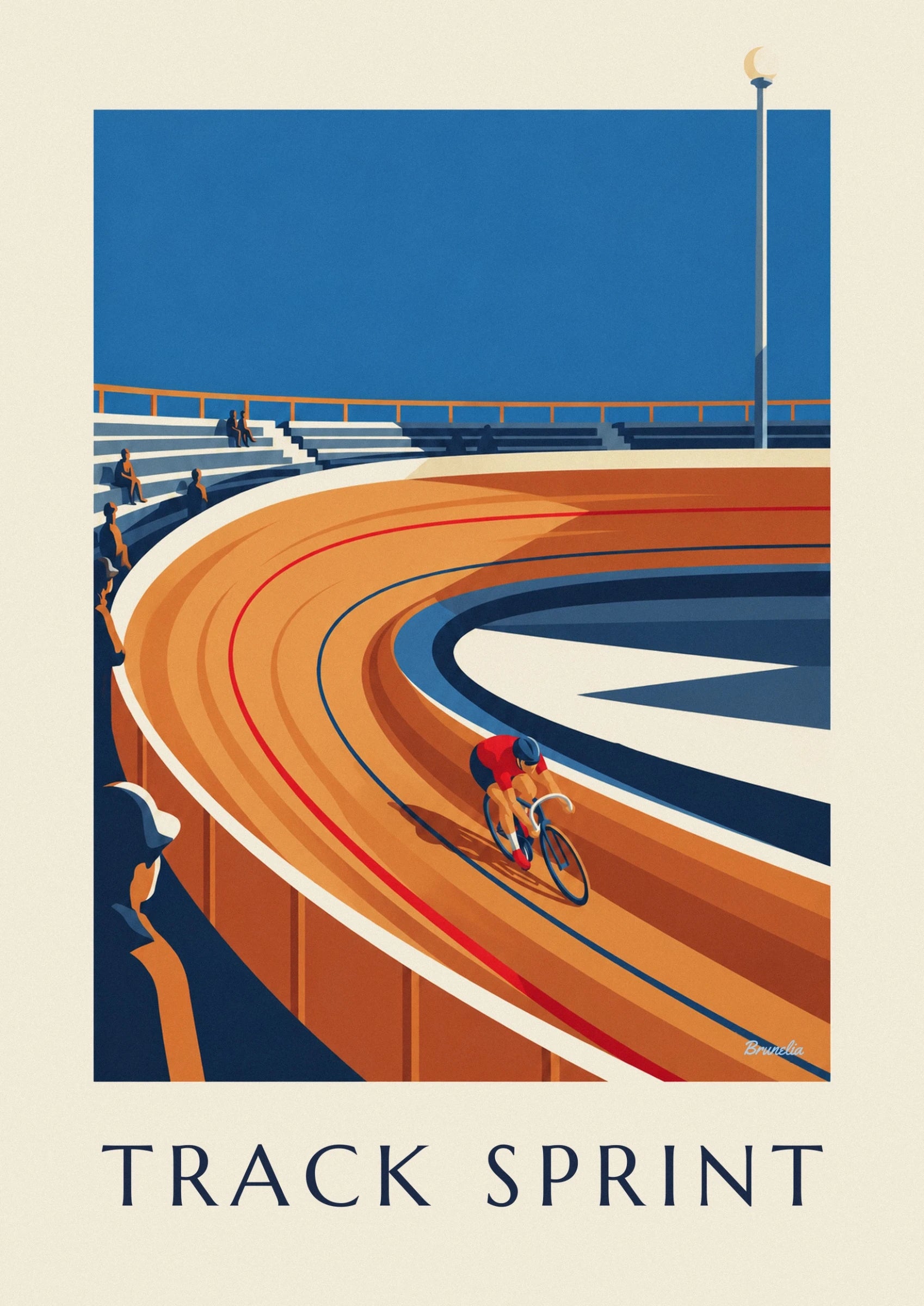 Affiche cycliste sur la piste d'un vélodrome en bois : détail en gros plan