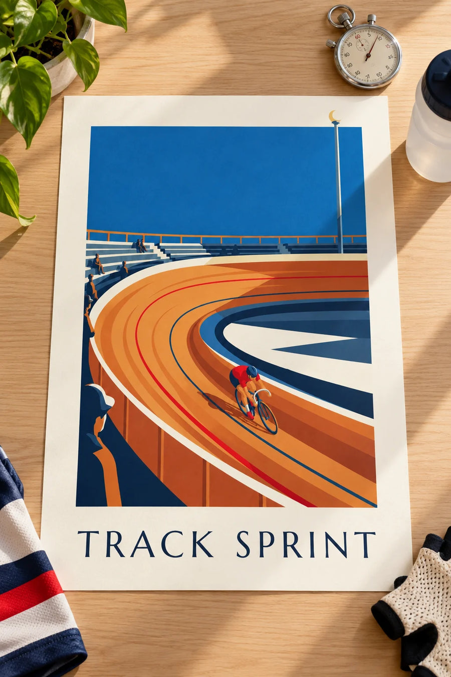 Affiche cycliste sur la piste d'un vélodrome en bois : posée sur une table