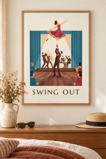 Affiche couple de danseurs de swing dans une salle de bal : encadrée au mur
