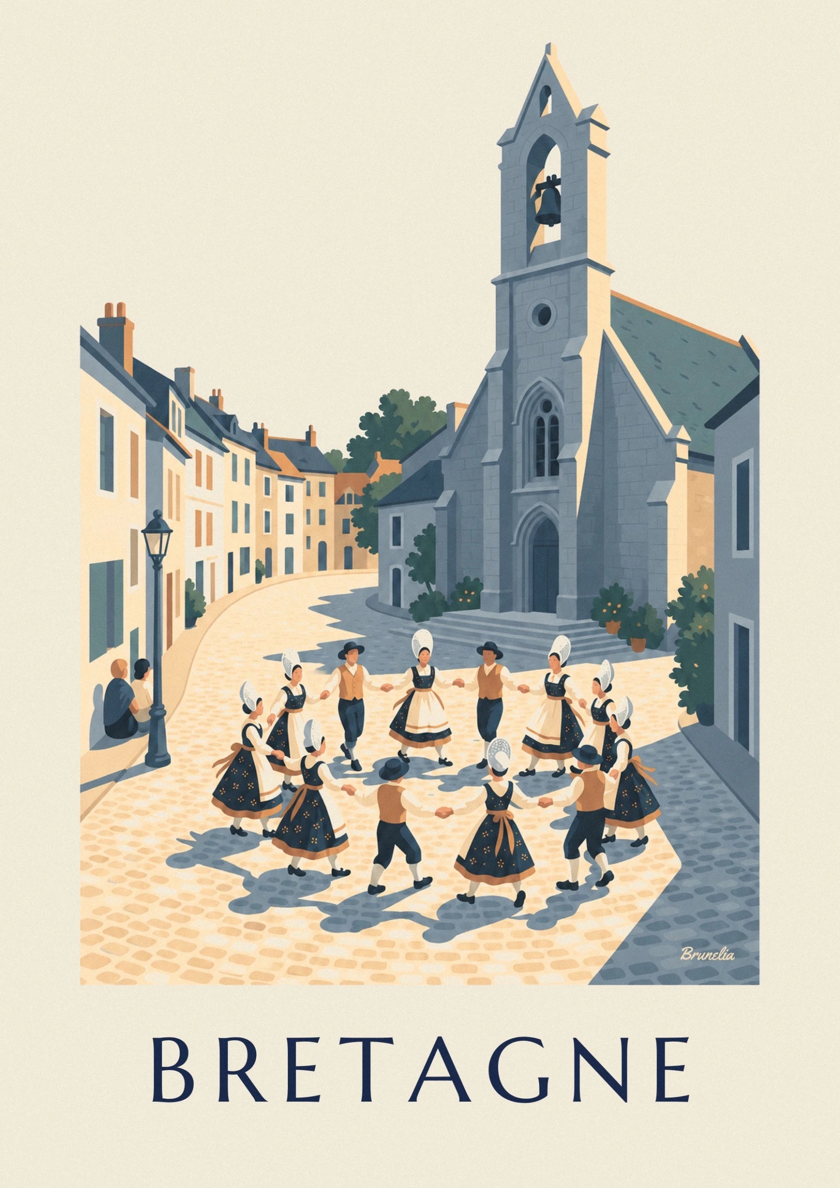 The circle of dancers in Breton costumes, white headdresses and ochre waistcoats