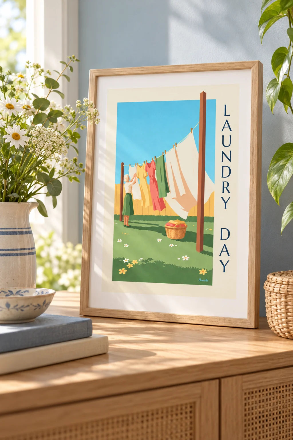 Lavandaria: Poster de dia de lavar roupa e roupa branca a secar ao sol na parede