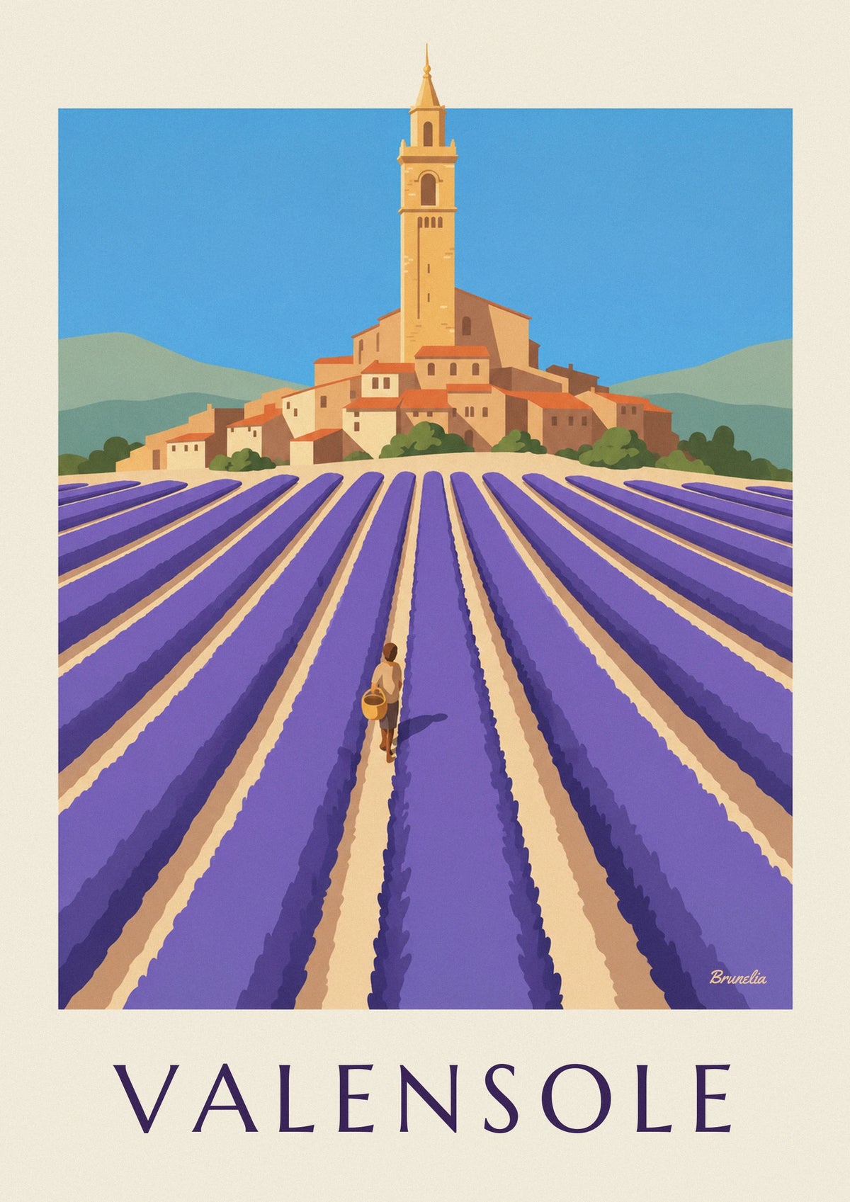 Affiche rangs de lavande et village perché de Valensole