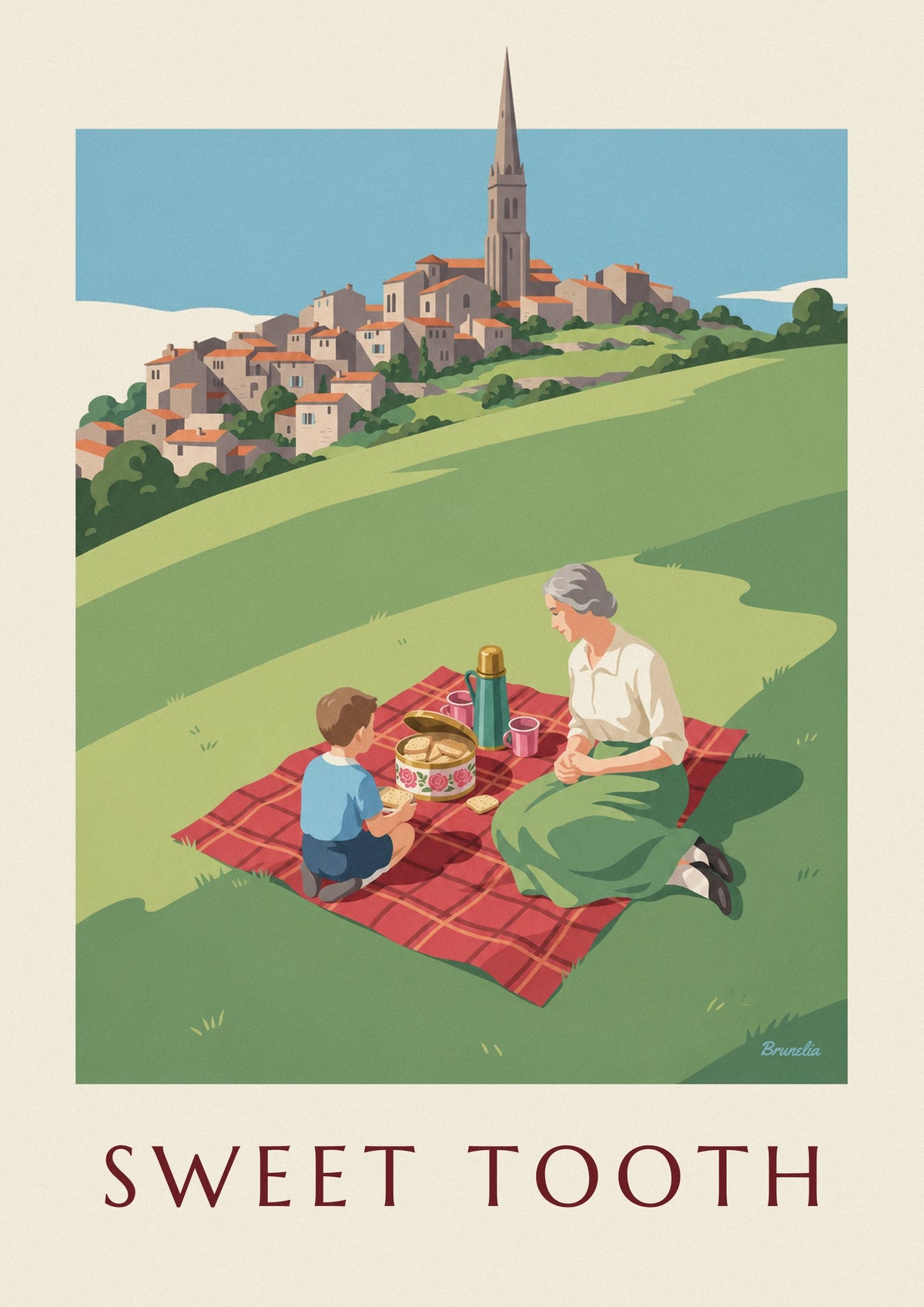 Affiche pique-nique et boîte à biscuits fleurie sur une colline