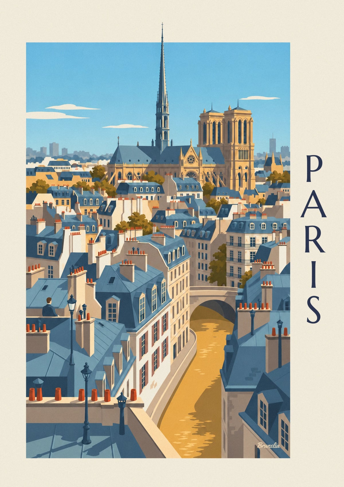 Affiche toits haussmanniens de Paris et cathédrale Notre-Dame