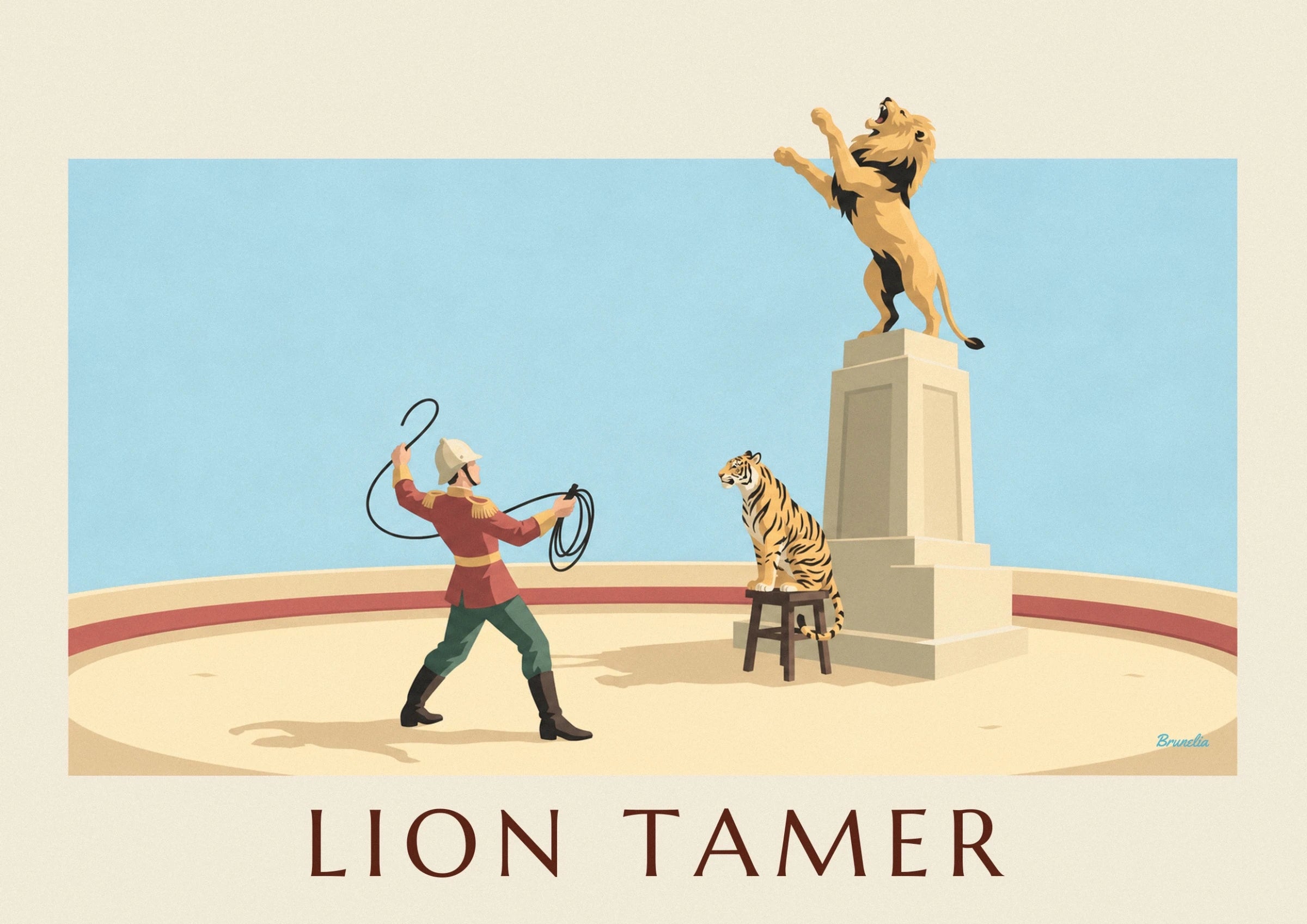 The lion with a golden and black mane, standing on its plinth with its mouth open