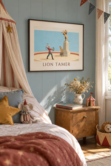 Affiche dompteur de fauves, lion et tigre sur la piste du cirque : encadrée au mur