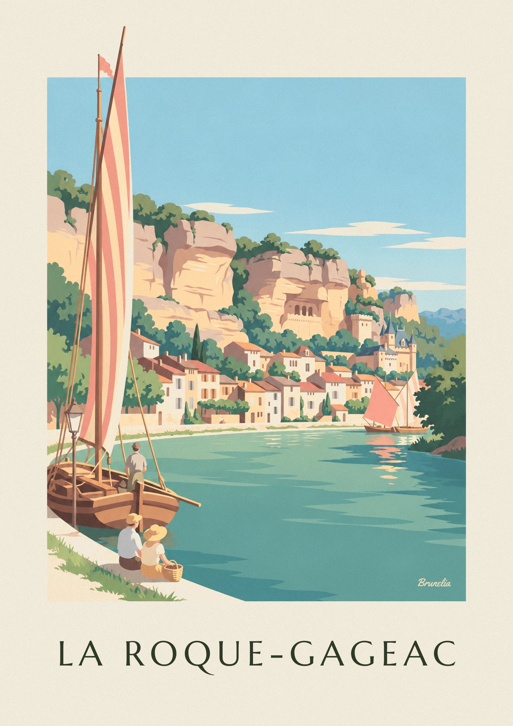 Houses with orange roofs beneath the cliff, facing the sailing boat on the Dordogne