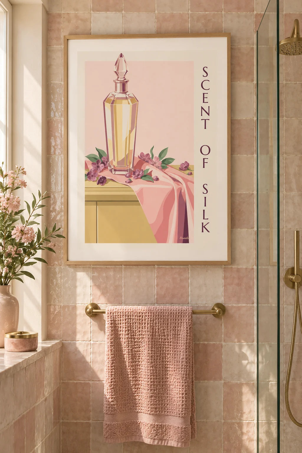 Quarto: Póster de frasco de perfume em cristal e seda drapeada na parede