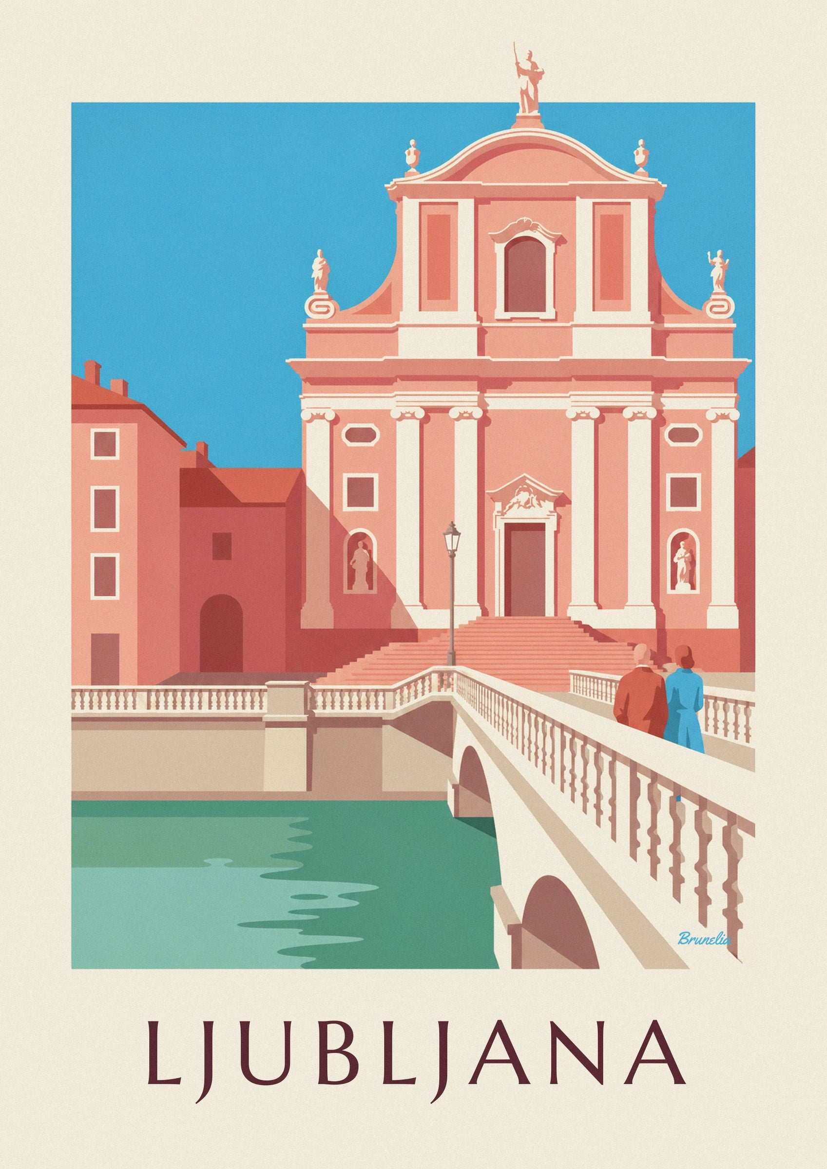 The pink façade of the Franciscan church, its cream columns and statues