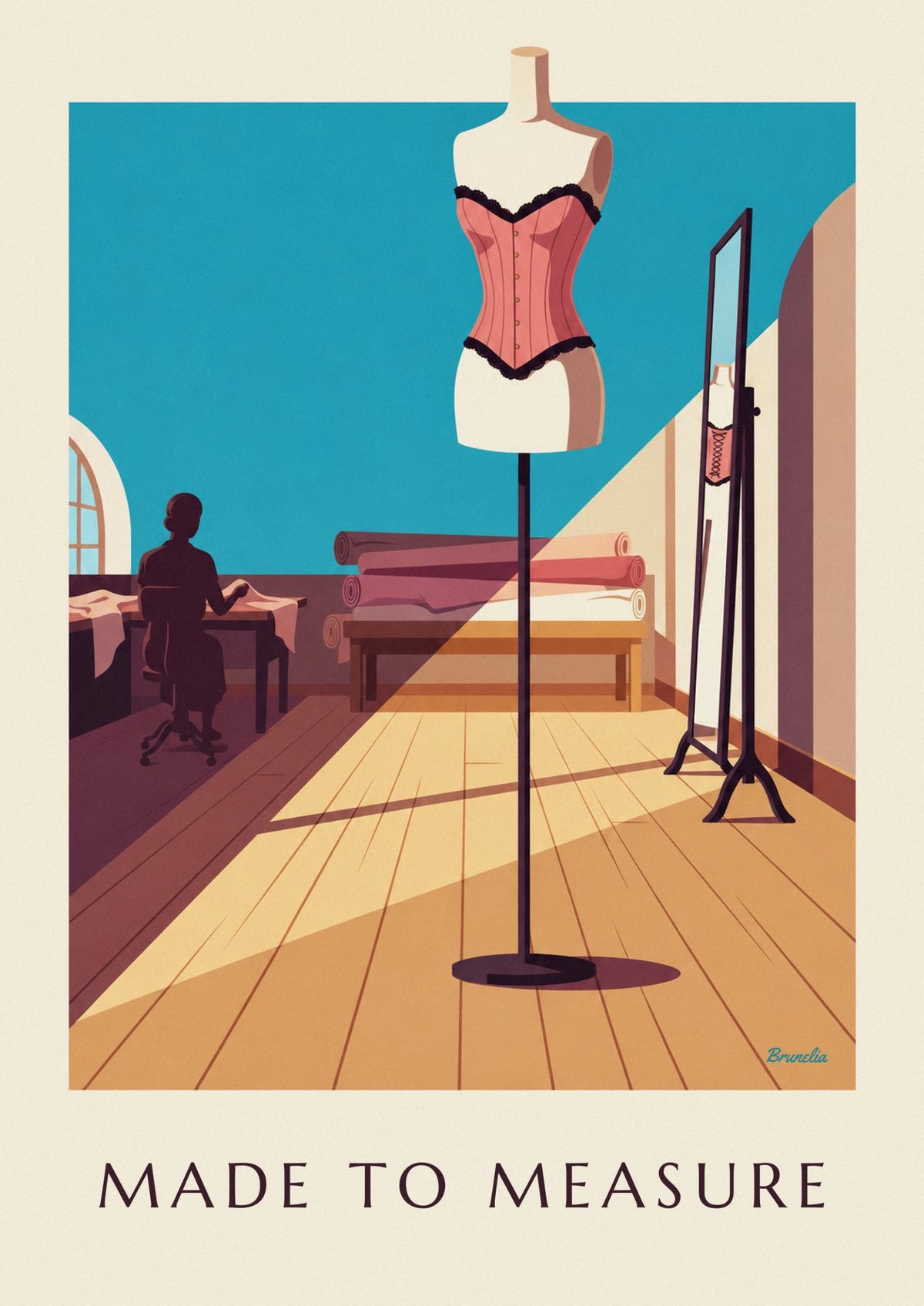 Affiche mannequin de couture et corset lacé dans l'atelier