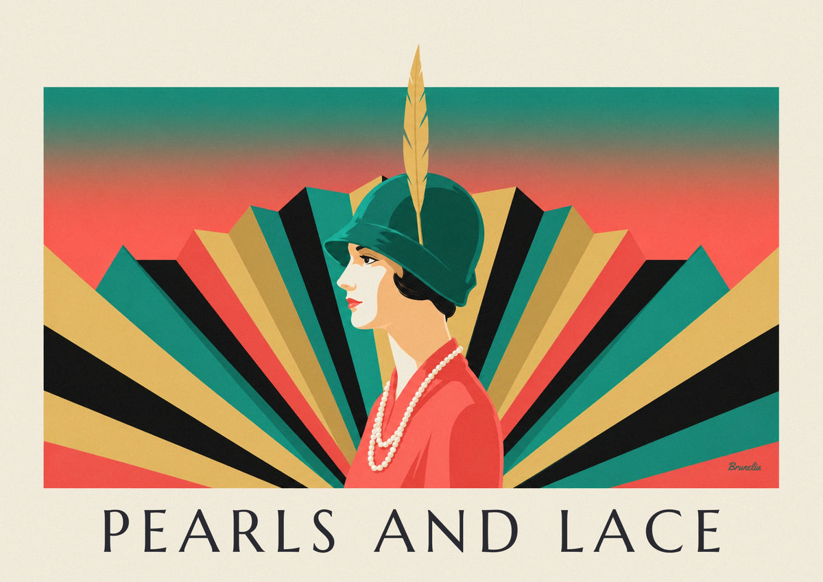 Affiche femme au collier de perles et chapeau cloche