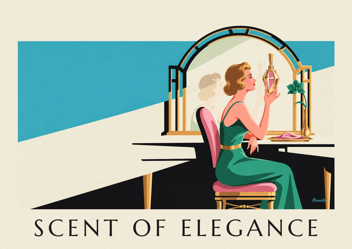 Affiche femme élégante et flacon de parfum à sa coiffeuse