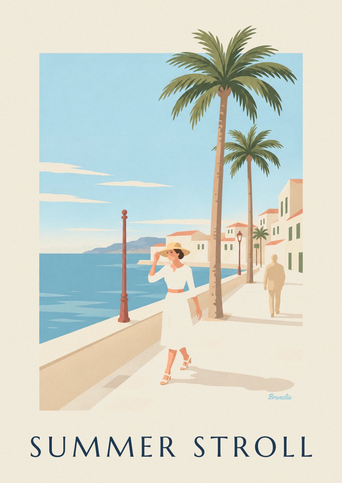 Affiche femme élégante en robe blanche et chapeau panama