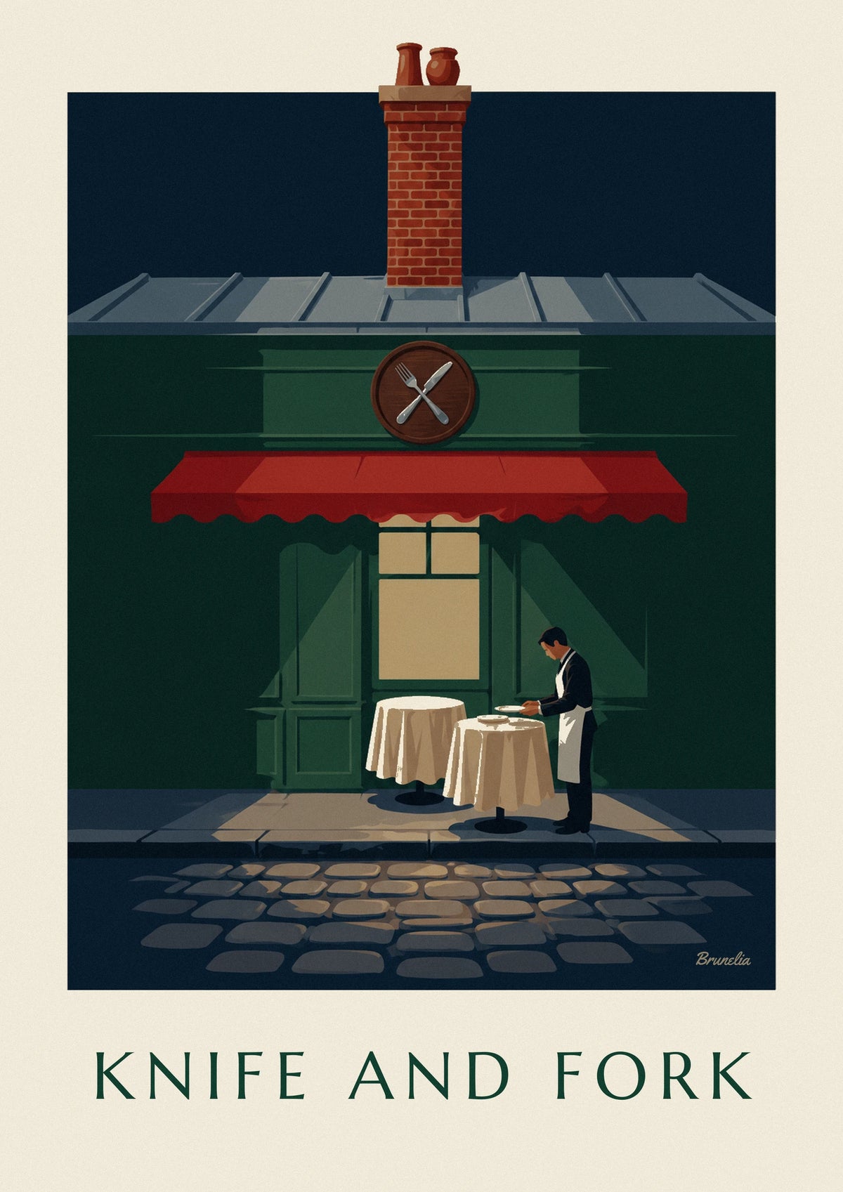 Affiche fourchette et couteau en argent sur un bistrot parisien
