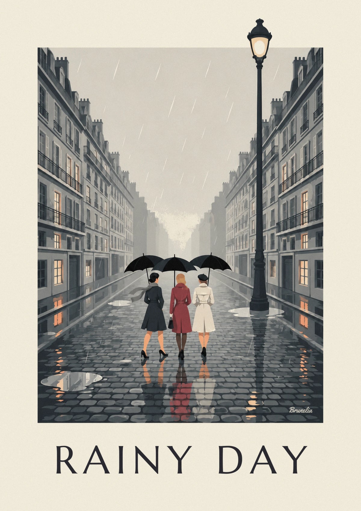 Affiche 3 femmes sous la pluie avec parapluies noirs