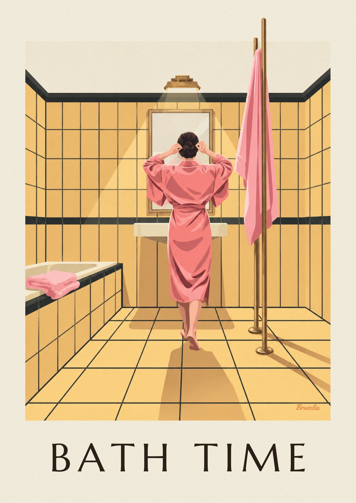 Affiche femme en peignoir rose dans une salle de bain jaune