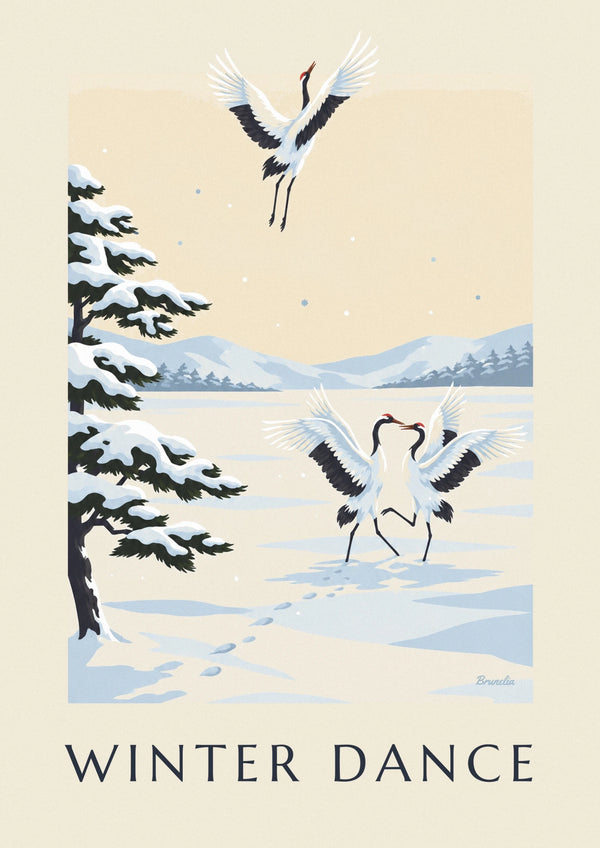 Affiche grues du Japon dansant dans la neige