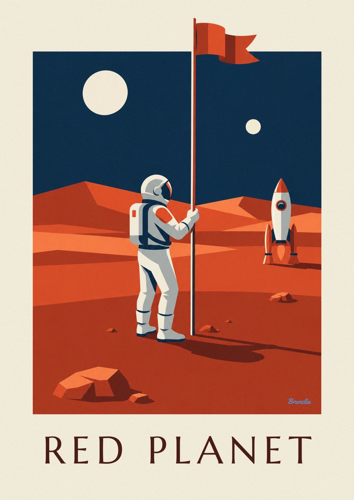 Affiche astronaute plantant un drapeau sur la planète Mars