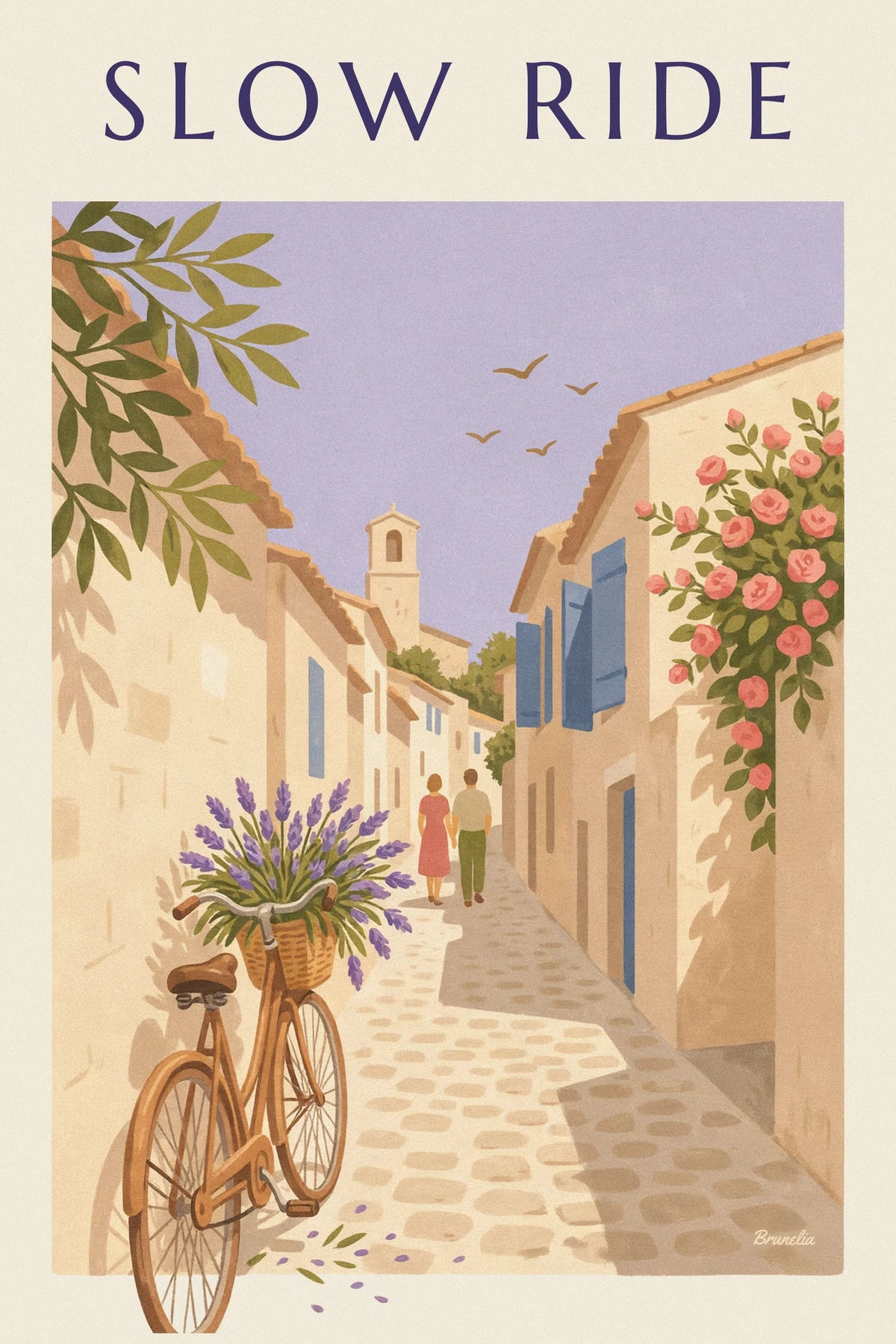 Affiche vélo et panier de lavande dans une ruelle d'un village provençal