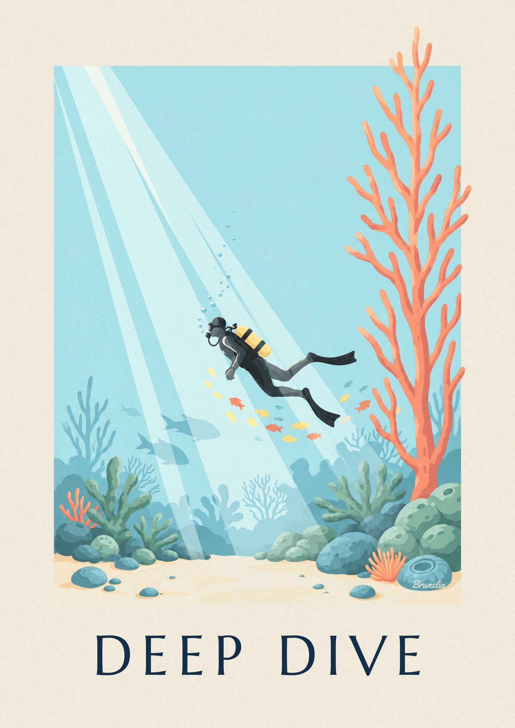 A diver in a black wetsuit with yellow tanks among colourful fish