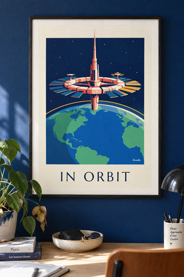 Affiche station spatiale en orbite autour de la Terre : encadrée au mur