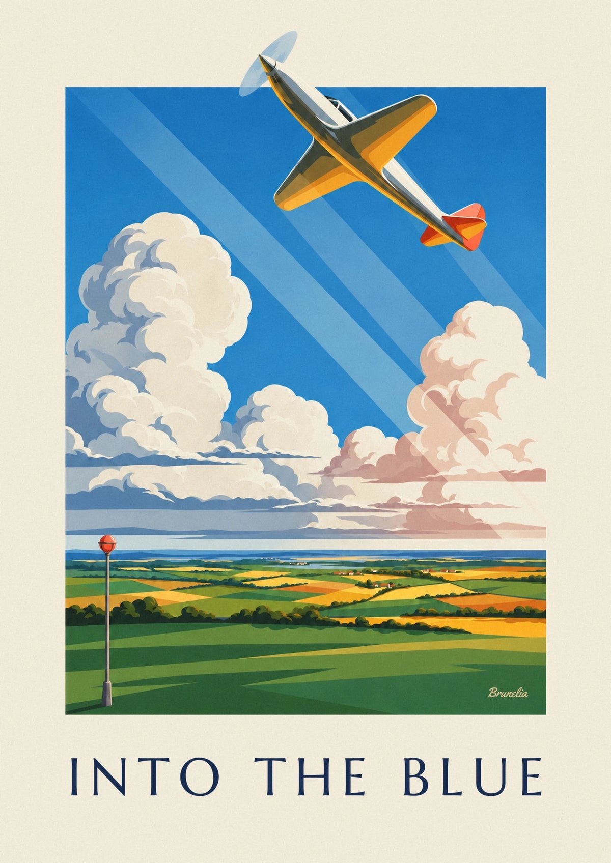 Affiche avion à hélices entre les nuages au-dessus des champs