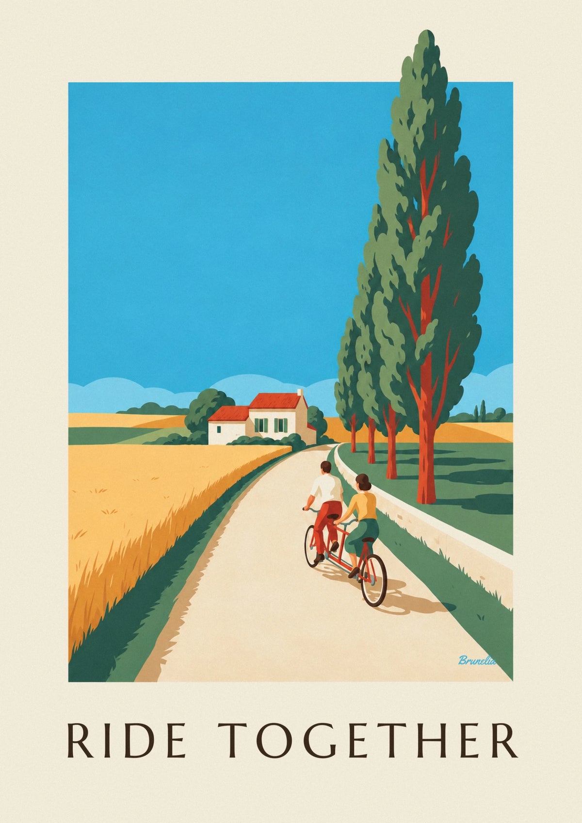 Affiche couple en tandem sur une route de campagne