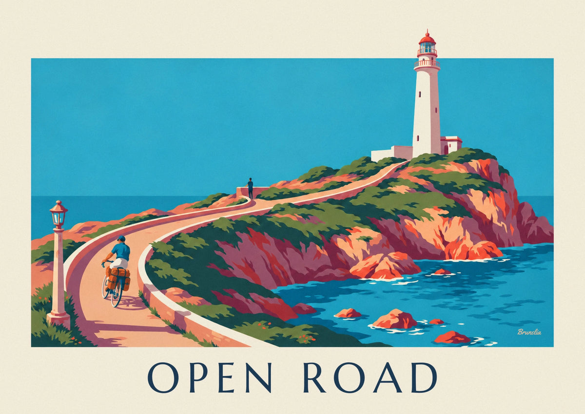 Affiche cyclotouriste aux sacoches sur une route côtière