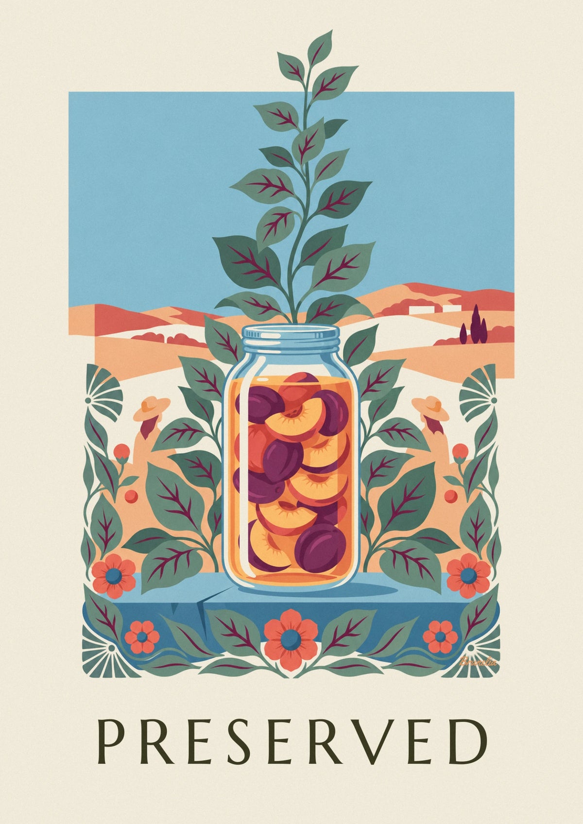 Affiche bocal de conserve aux fruits et décor de feuillages