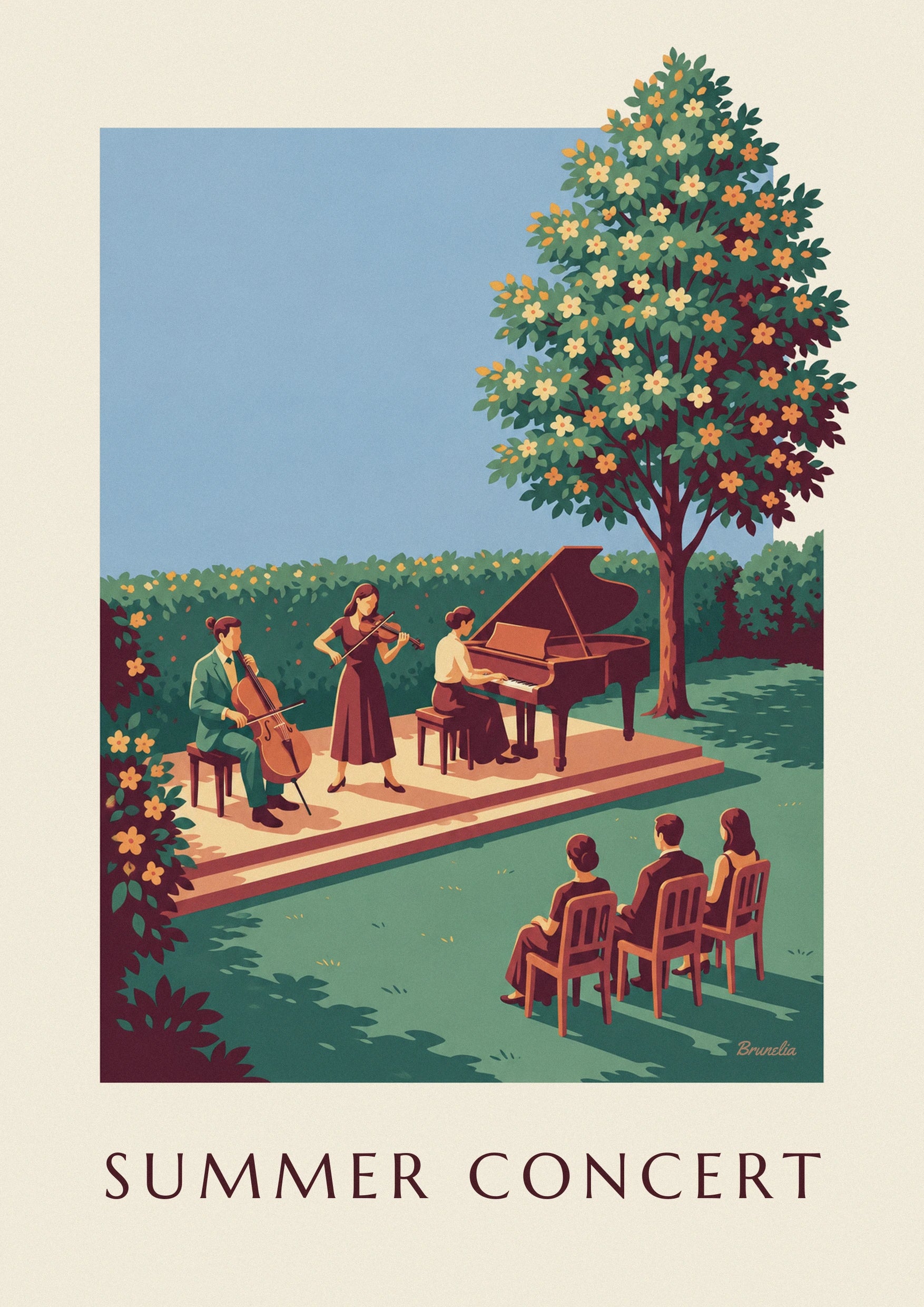 The cellist in a green suit and the violinist in a burgundy dress in front of the flowering hedge