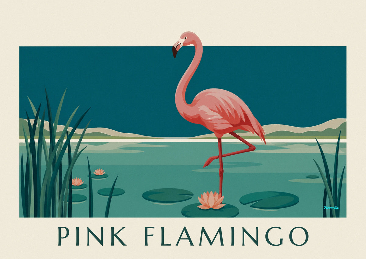 Affiche flamant rose sur une patte parmi les nénuphars