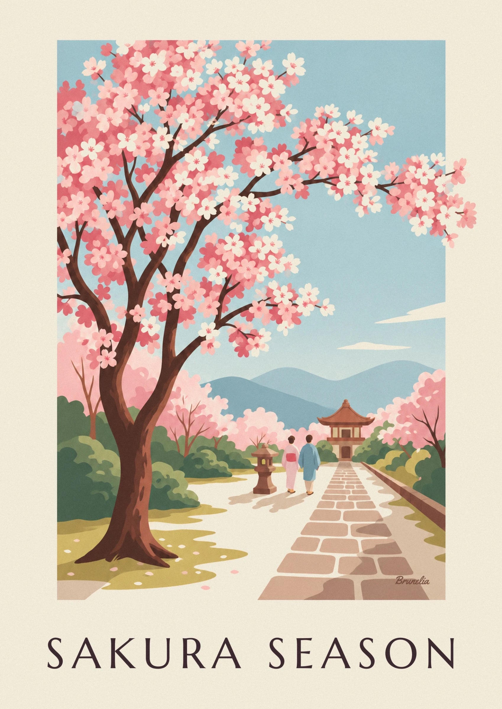 Les branches brunes du cerisier du Japon couvertes de fleurs roses et crème