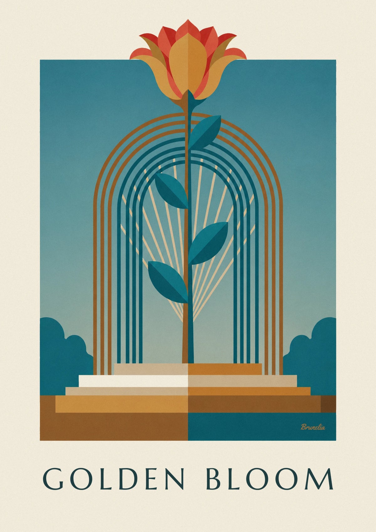 Affiche fleur stylisée dorée dans un cadre géométrique