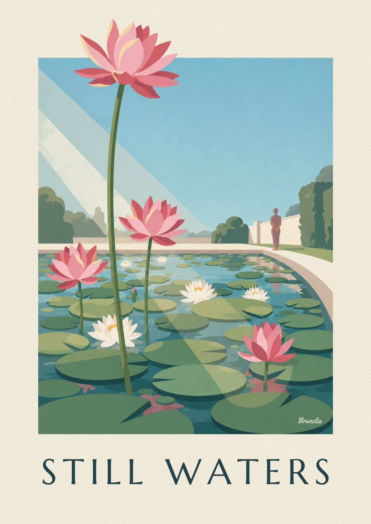 Affiche bassin de nénuphars et fleurs de lotus roses : l'affiche entière