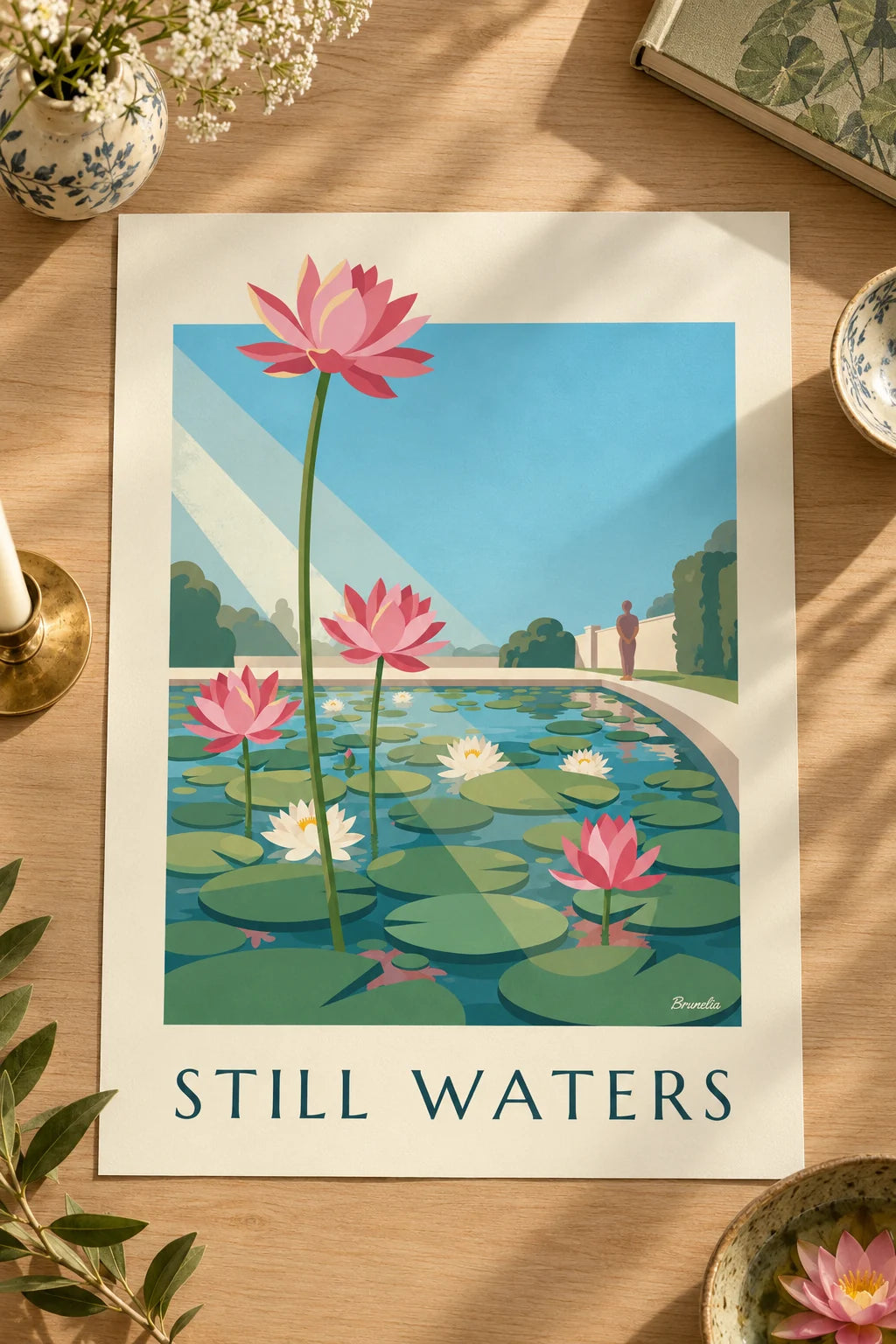 Quarto: Poster de lagoa com nenúfares e flores de lótus cor-de-rosa na parede