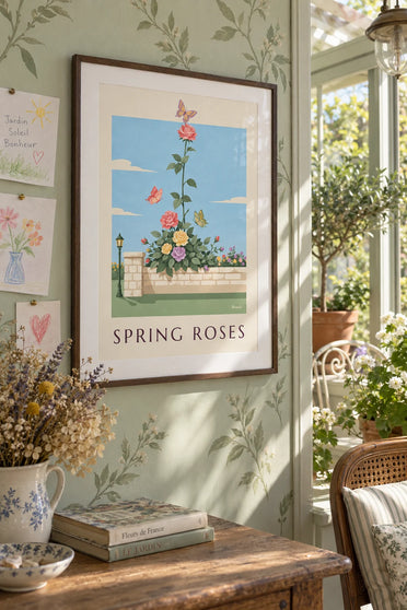Affiche bouquet de roses printanières et papillons : encadrée au mur