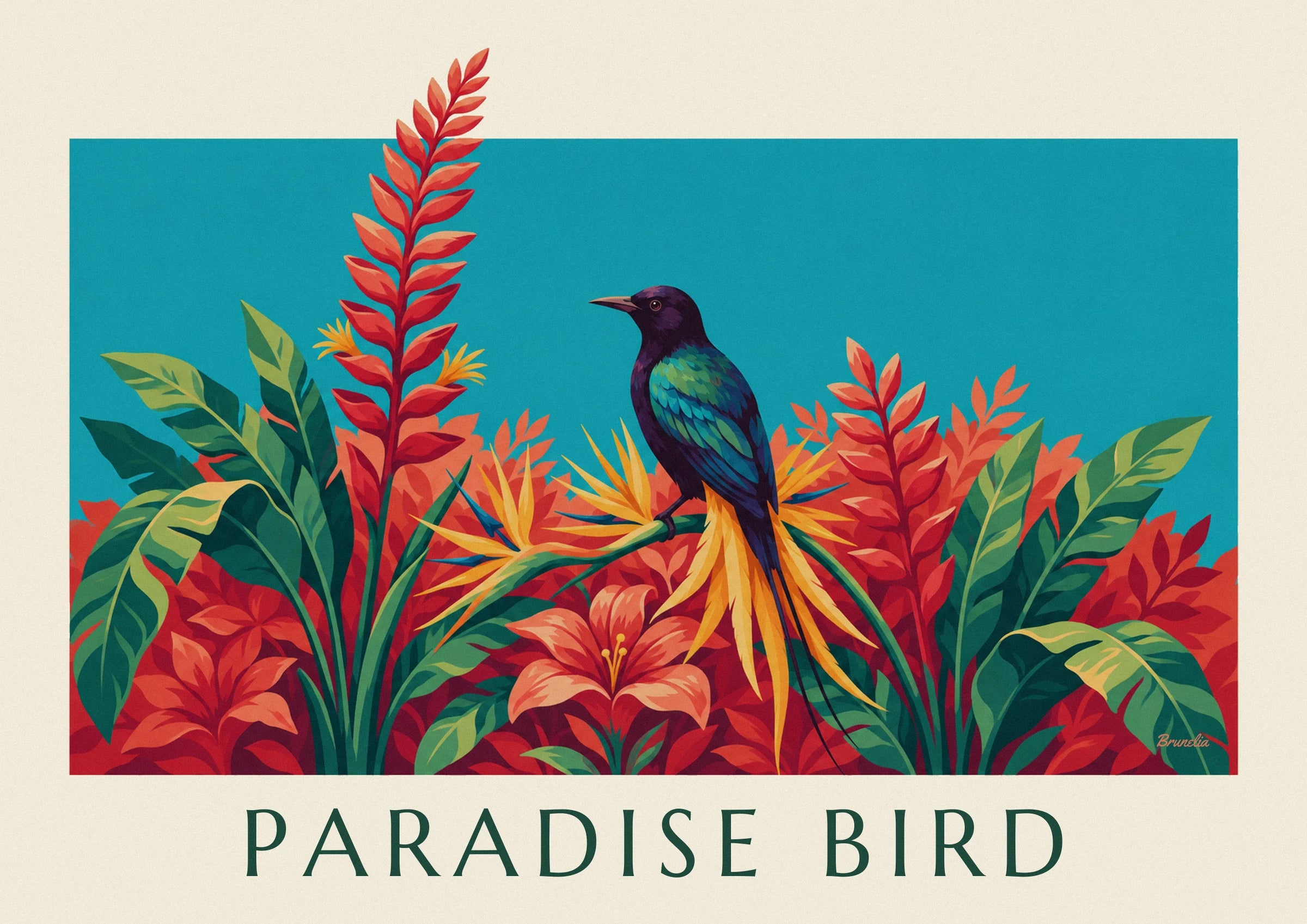 Affiche oiseau de paradis parmi les fleurs tropicales : détail en gros plan