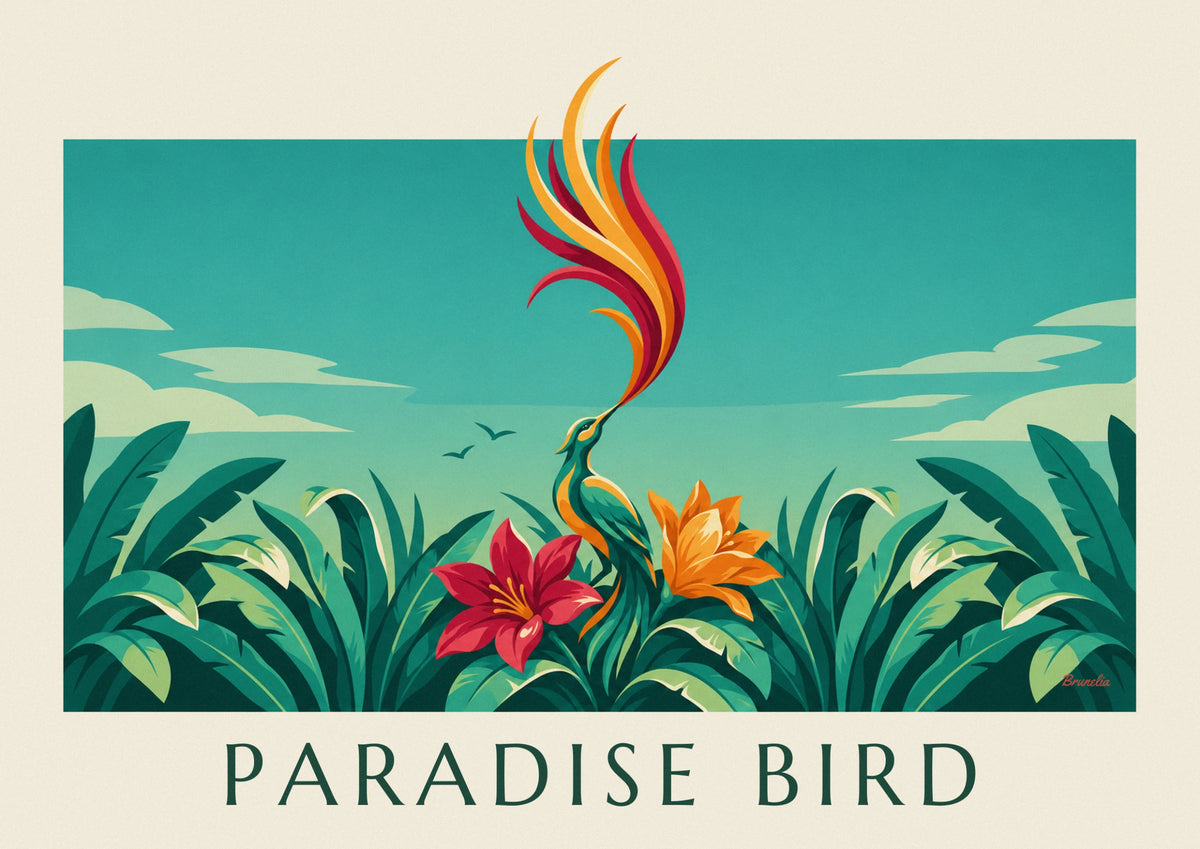 Affiche oiseau de paradis parmi les fleurs tropicales