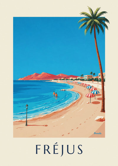 Affiche palmiers et parasols en bord de mer à Fréjus : l'affiche entière