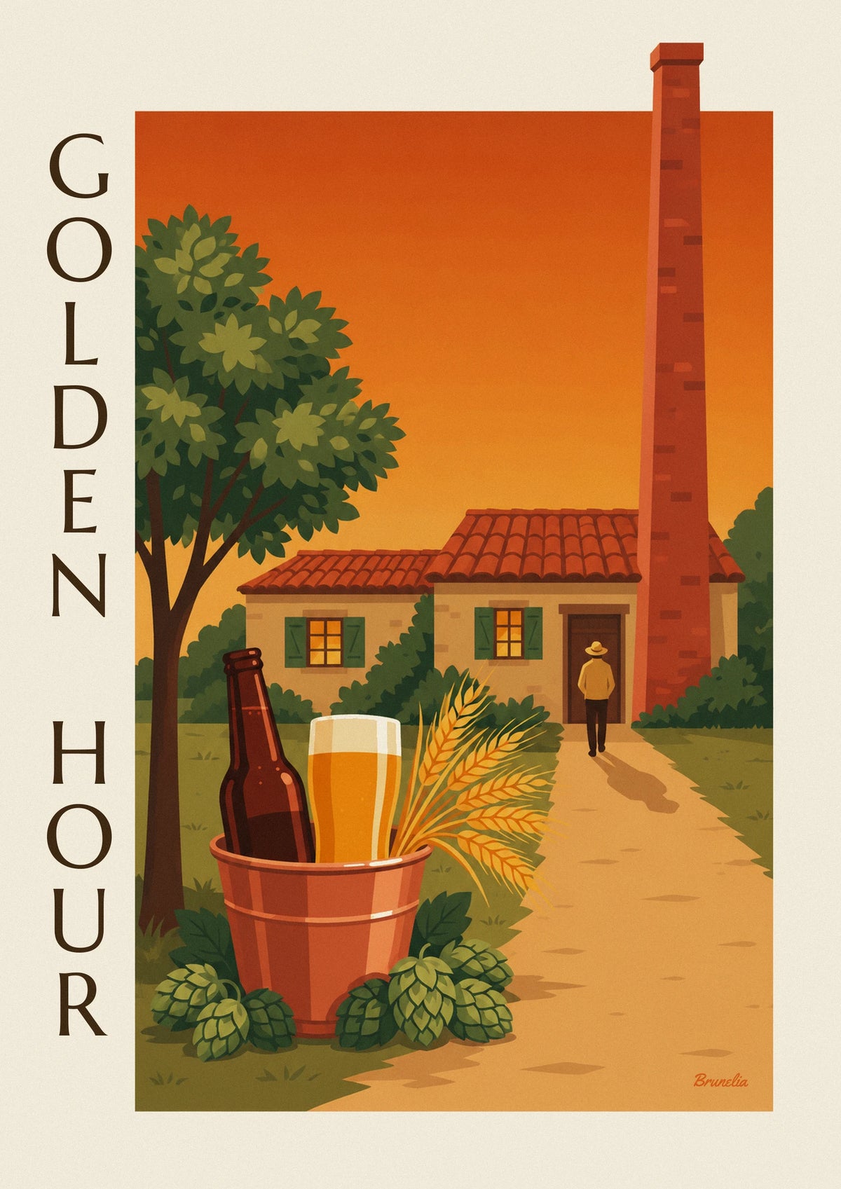 Affiche bière fraîche, houblon et blé devant une brasserie de ferme
