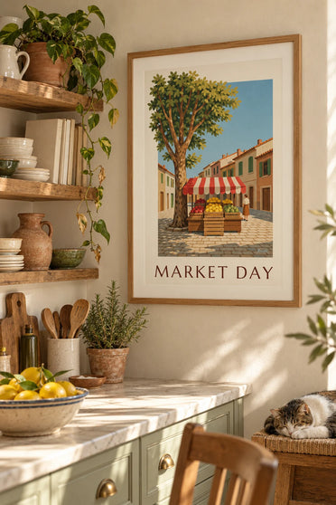 Affiche cagette de citrons sur un étal de marché : encadrée au mur
