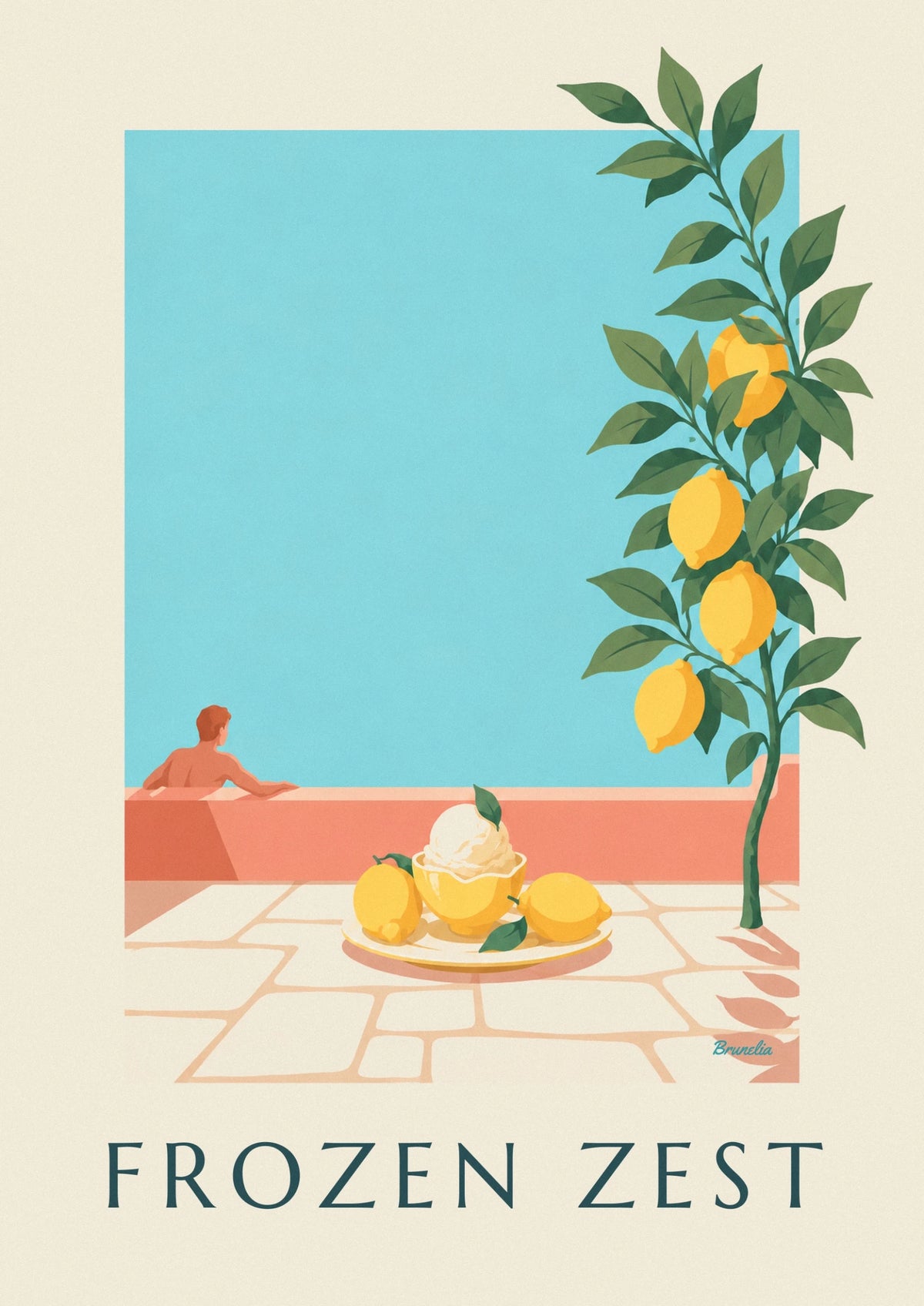 Affiche sorbet au citron servi dans son écorce et feuille de menthe
