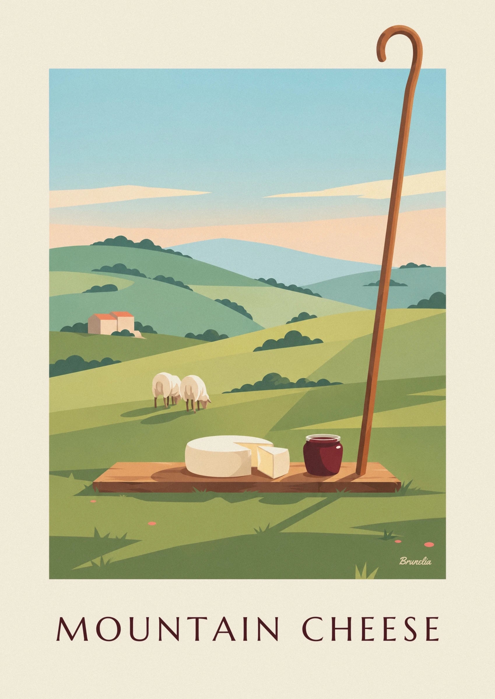 Une meule de fromage de brebis et sa part sur une planche, devant le troupeau