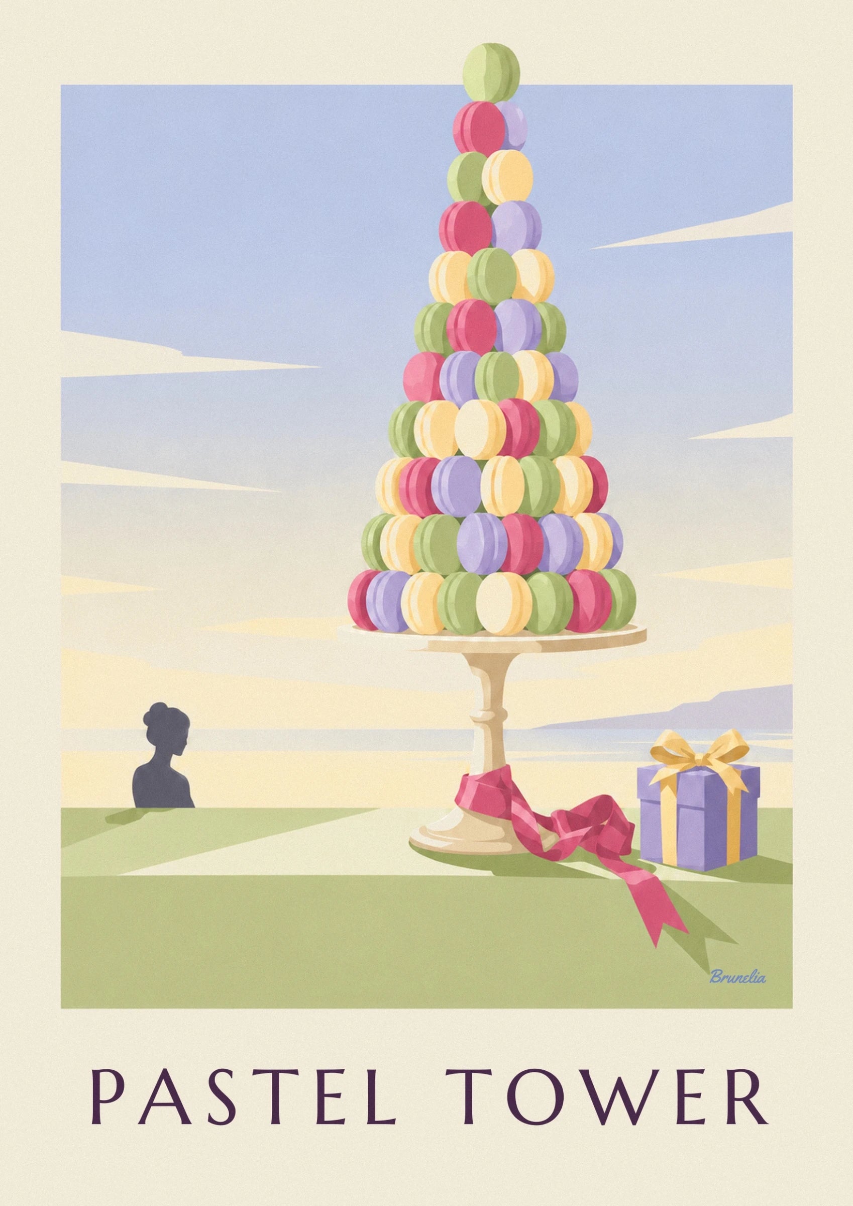 The pyramid of pink, yellow, green and mauve macarons against a pale blue background