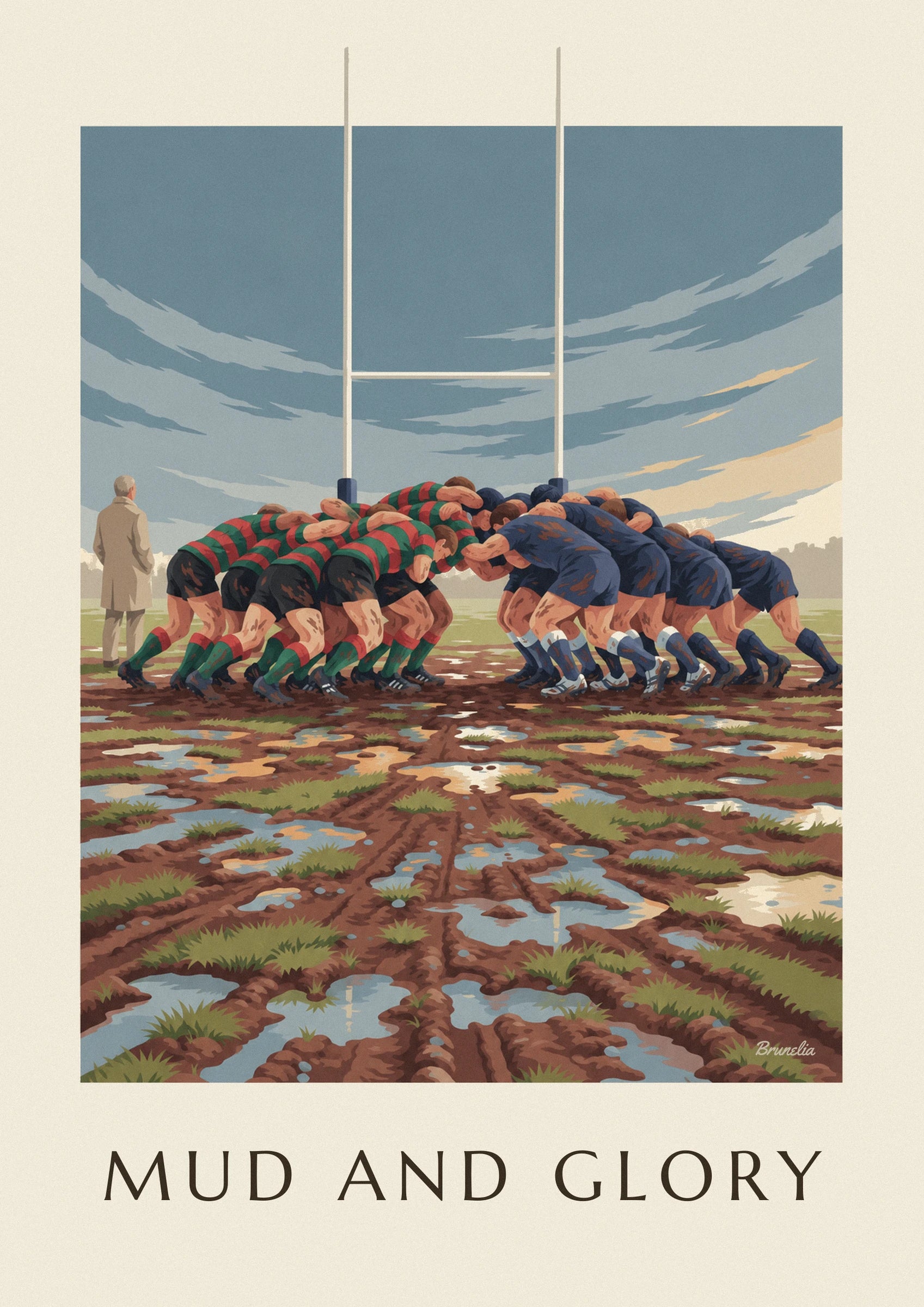 Affiche mêlée de rugby dans la boue sous un ciel de pluie : détail en gros plan