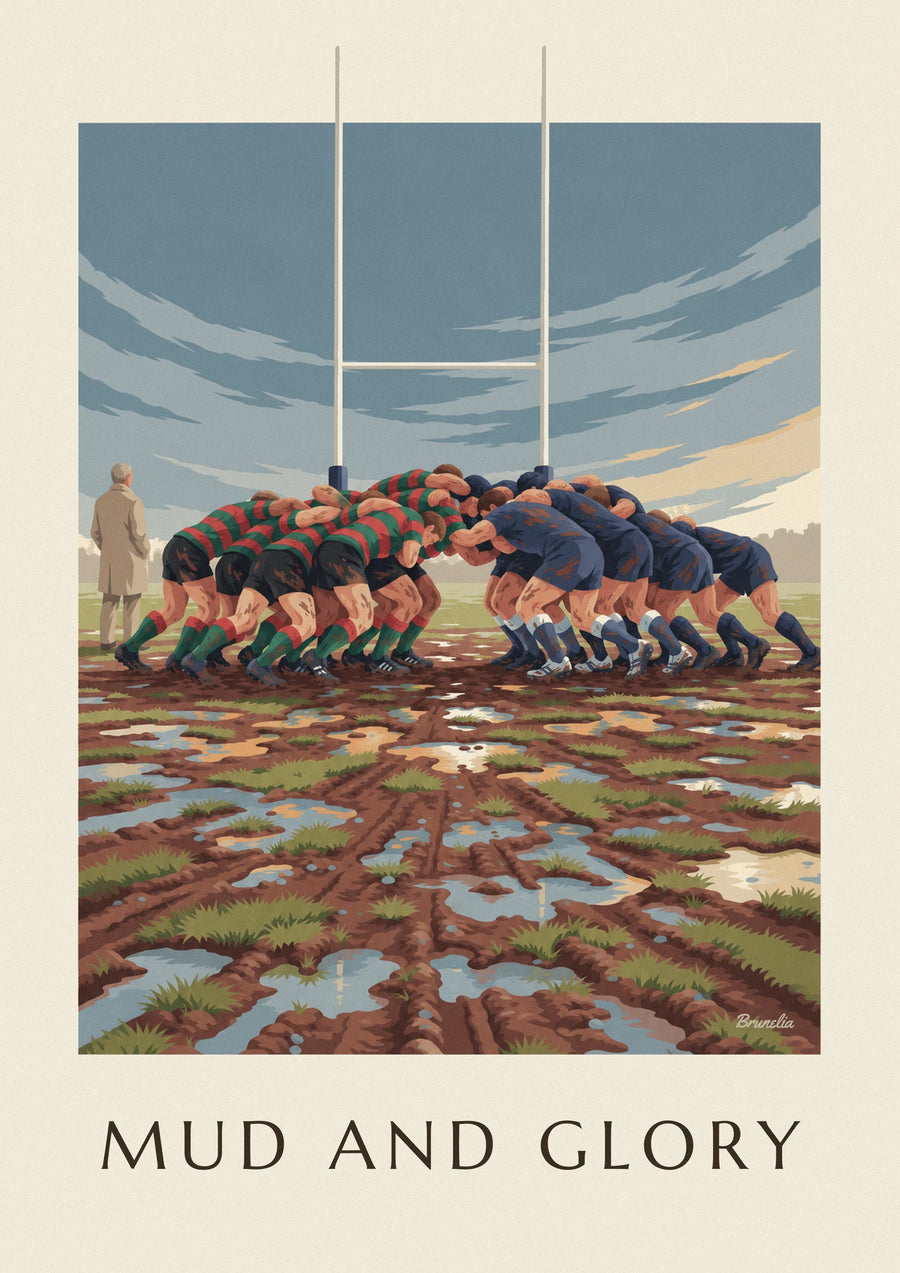 Affiche mêlée de rugby dans la boue sous un ciel de pluie