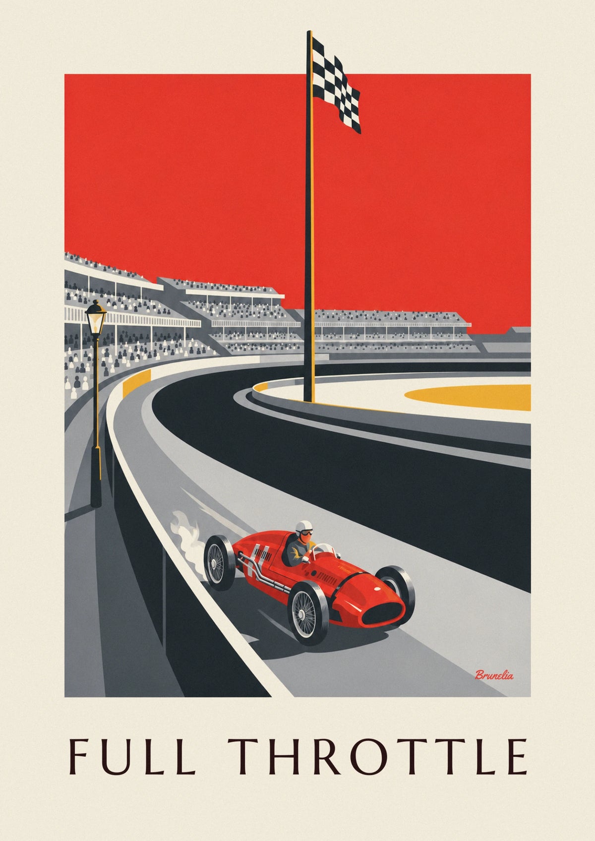 Affiche voiture de course de Grand Prix lancée sur le circuit
